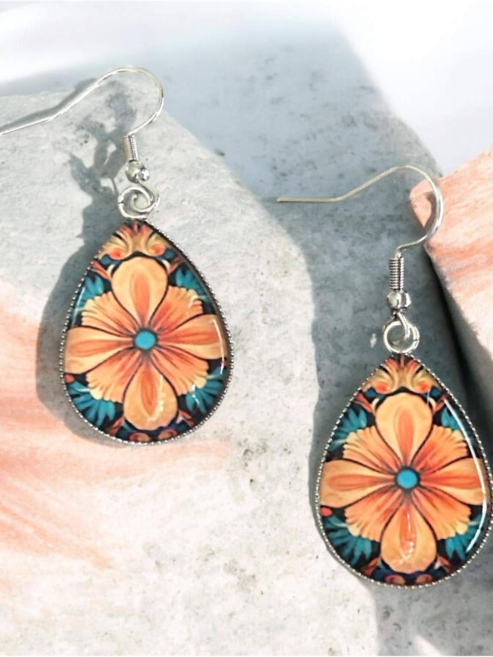 Colorful orange & blue boho flower design Glass Cabochon Teardrop Earrings New
